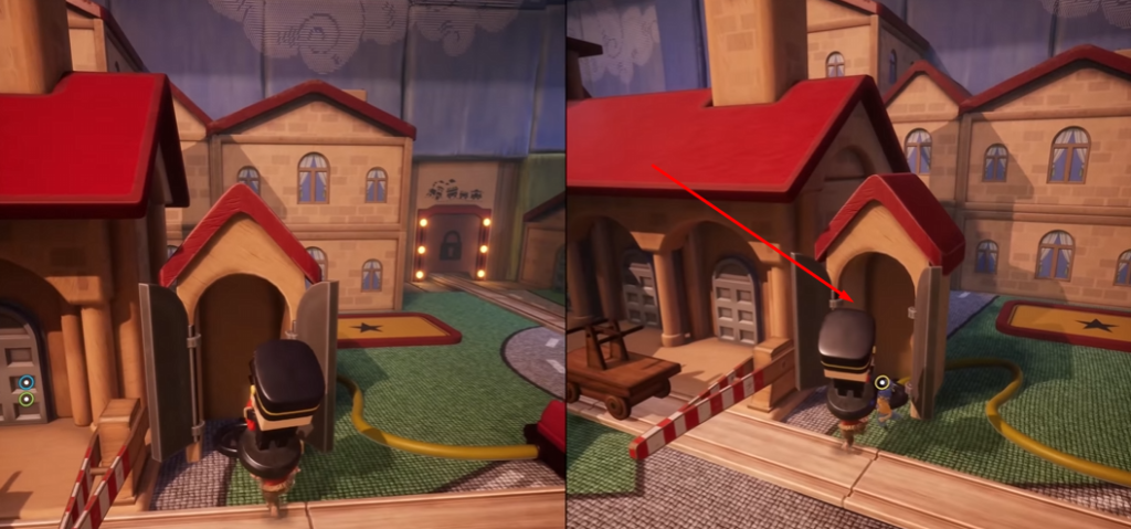 Персонаж в шлеме открывает дверь у здания