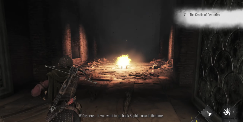 Персонаж с арбалетом смотрит на костёр в руинах