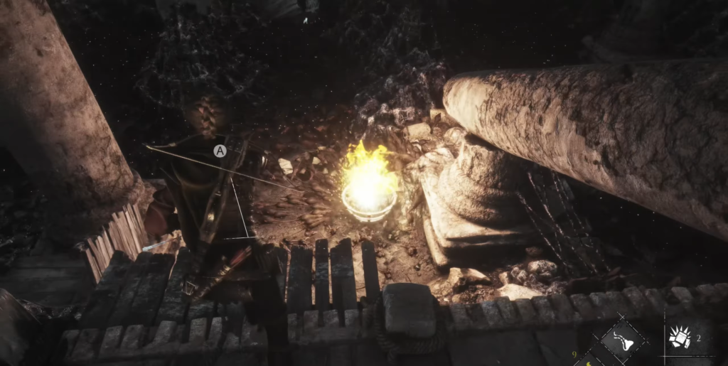 Геральт из The Witcher целится арбалетом в пещере