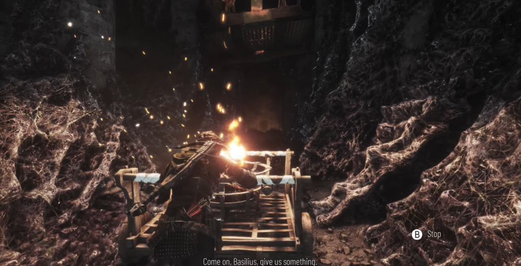 Воин стреляет из арбалета в пещере с паутиной