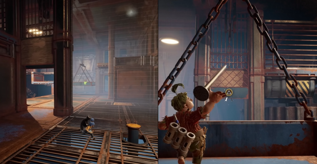 Персонажи It Takes Two прыгают по заводской платформе