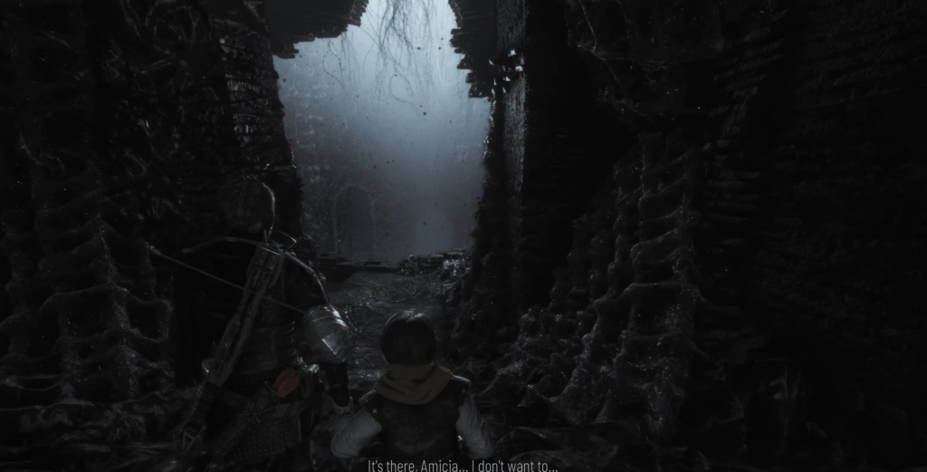 Амиция и Гуго идут по темным руинам A Plague Tale
