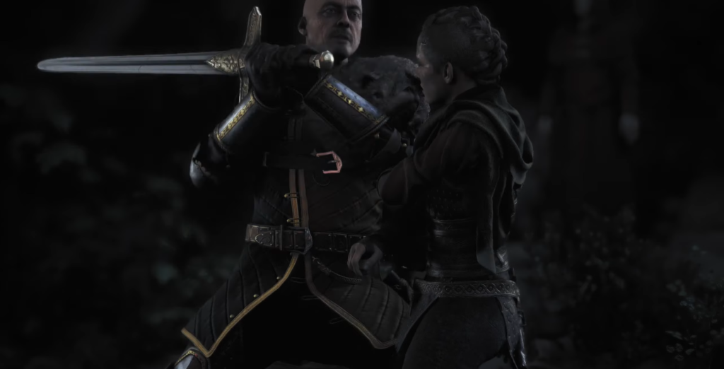 Два бойца дерутся на мечах ночью в лесу