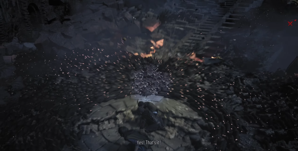 Взрыв обломков разлетается в каменных руинах ночью