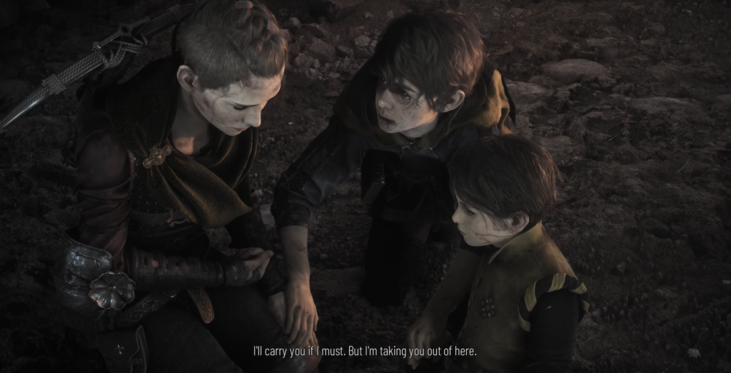 Амиция и Хьюго разговаривают на земле, A Plague Tale