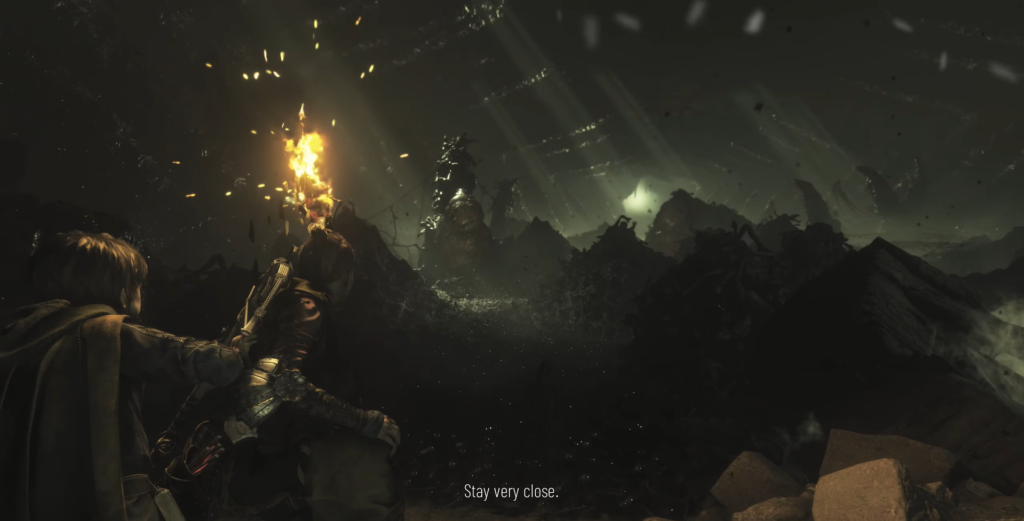 Леон Кеннеди и Эшли Грэм идут в пещере Resident Evil 4