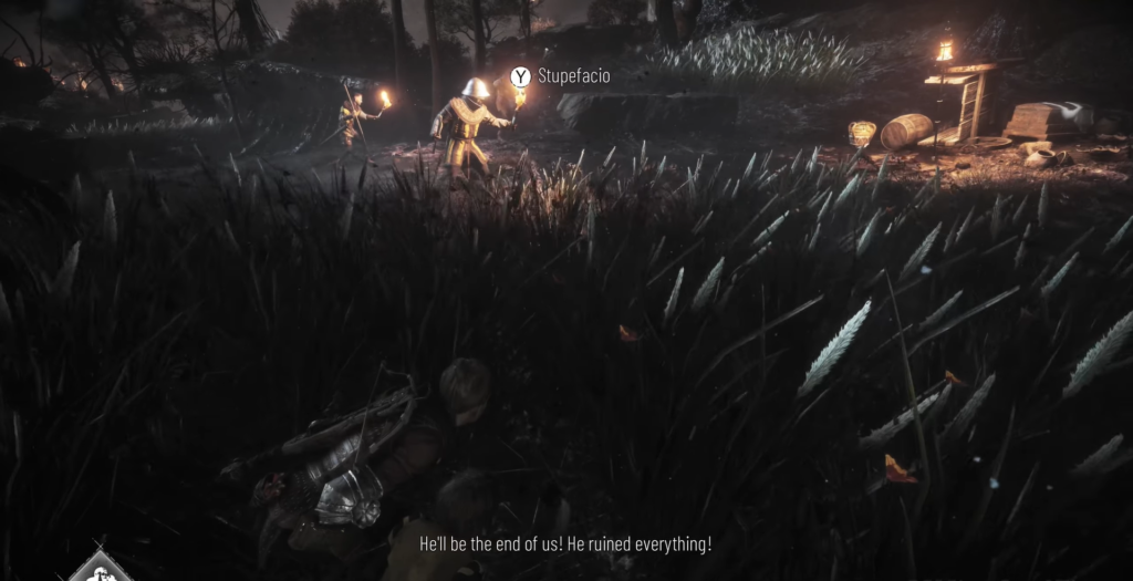 Амисия прячется в траве ночью в A Plague Tale