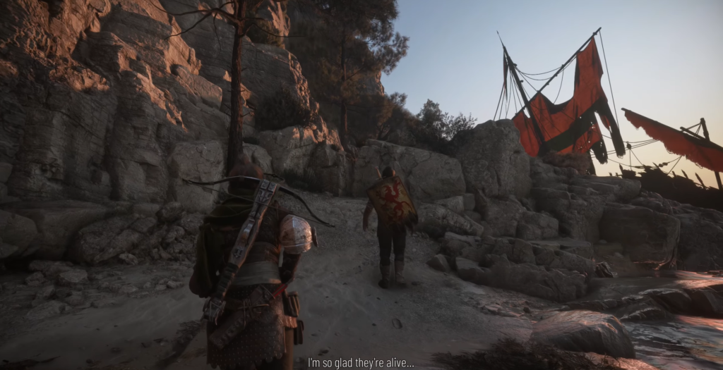 Воин идет по скалам к красным парусам