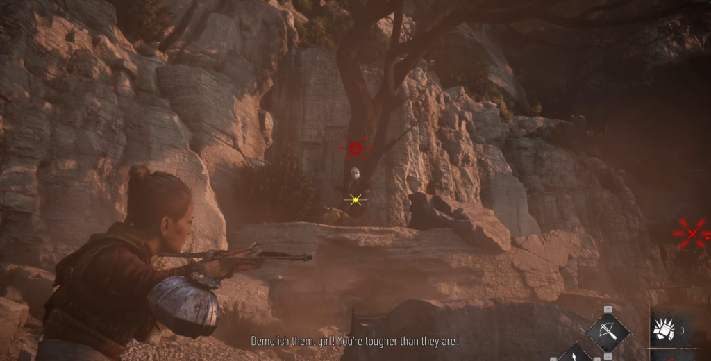 Амиция де Рун целится из арбалета у скал