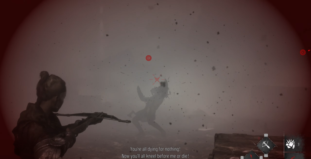 Женщина целится из арбалета в тумане игры