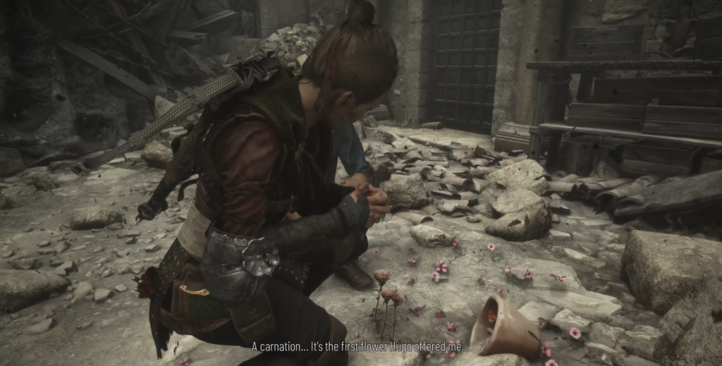 Амиция де Рун приседает среди руин A Plague Tale