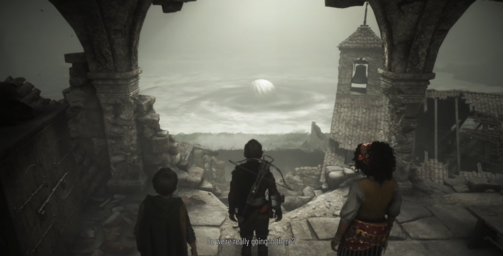 Амиция, Гуго и София смотрят на руины башни