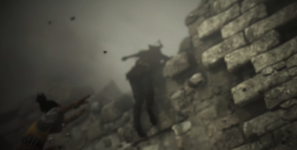 Силуэт человека падает у каменной стены в дыму