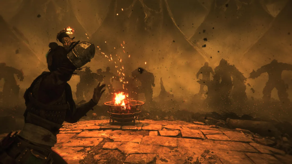 Воин бросает огненную бомбу в монстров у костра