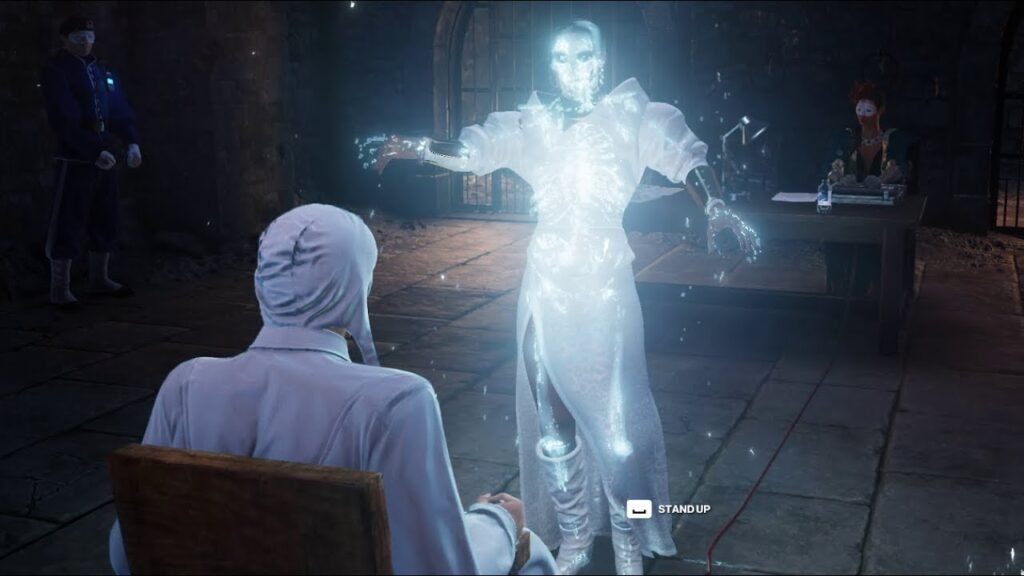 Светящаяся голограмма женщины стоит перед сидящим мужчиной в комнате