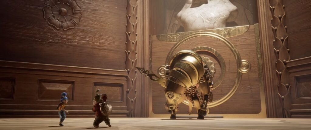 Мэй и Коди стоят перед золотым механизмом в комнате