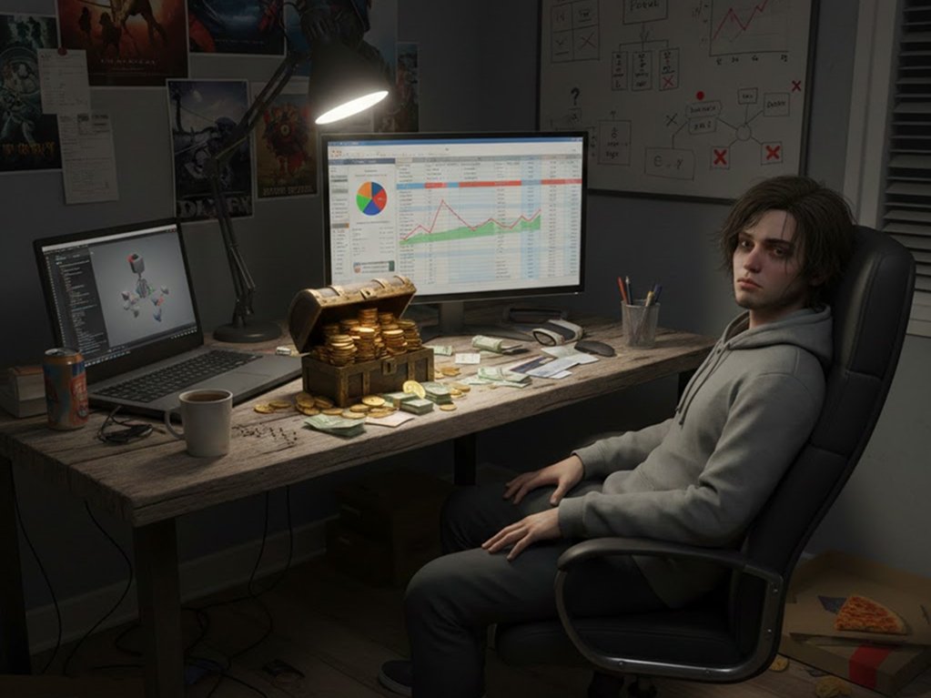 Парень сидит за столом с мониторами и деньгами
